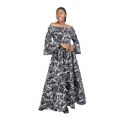 A. African Print Smocked Waist Bell Sleeve Dress