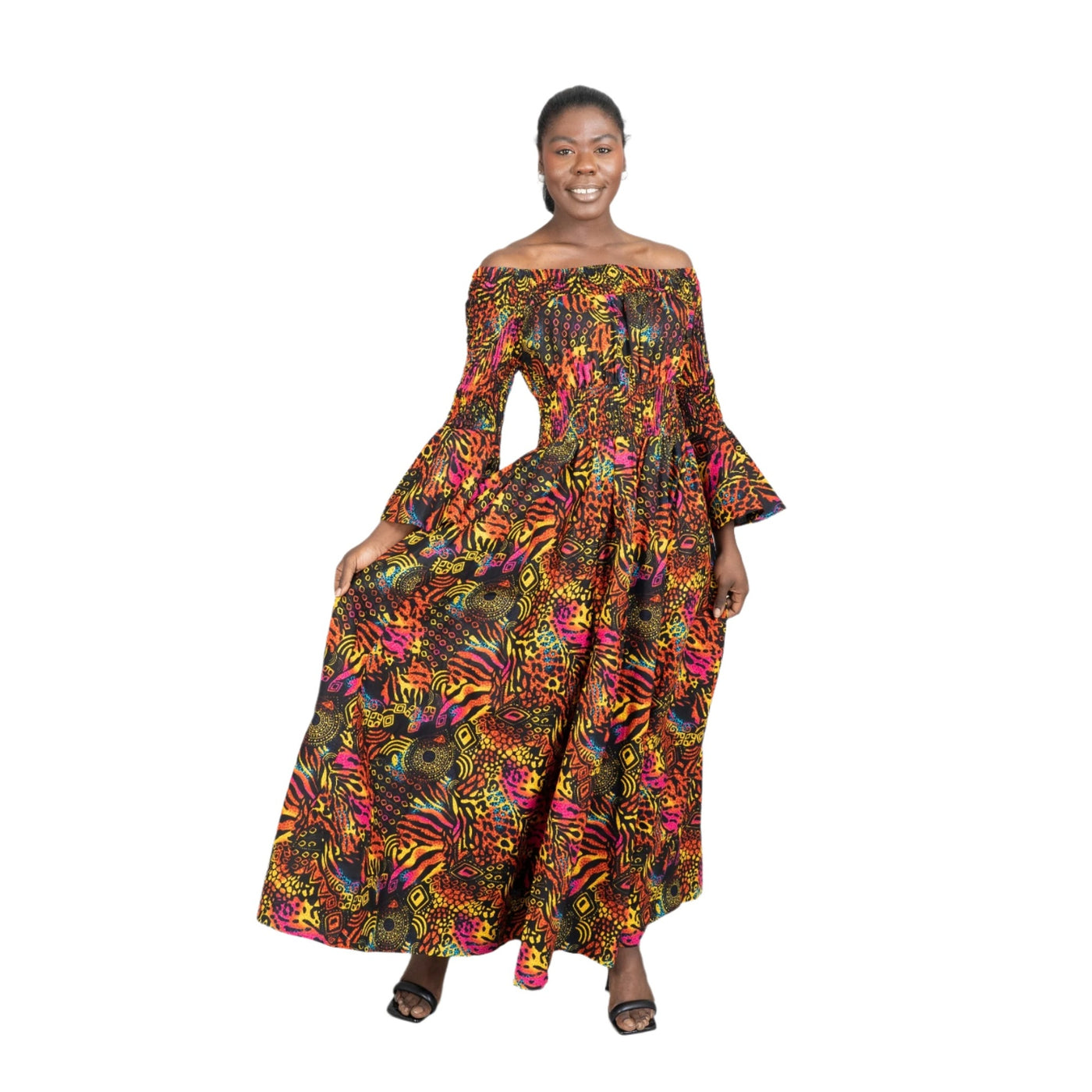 A. African Print Smocked Waist Bell Sleeve Dress