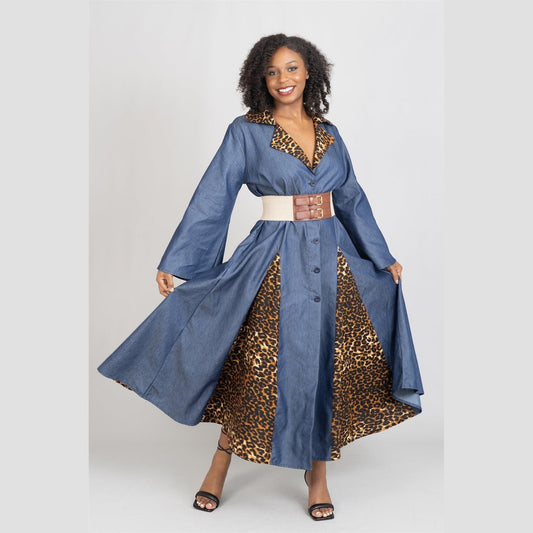 African Trim Denim Dress