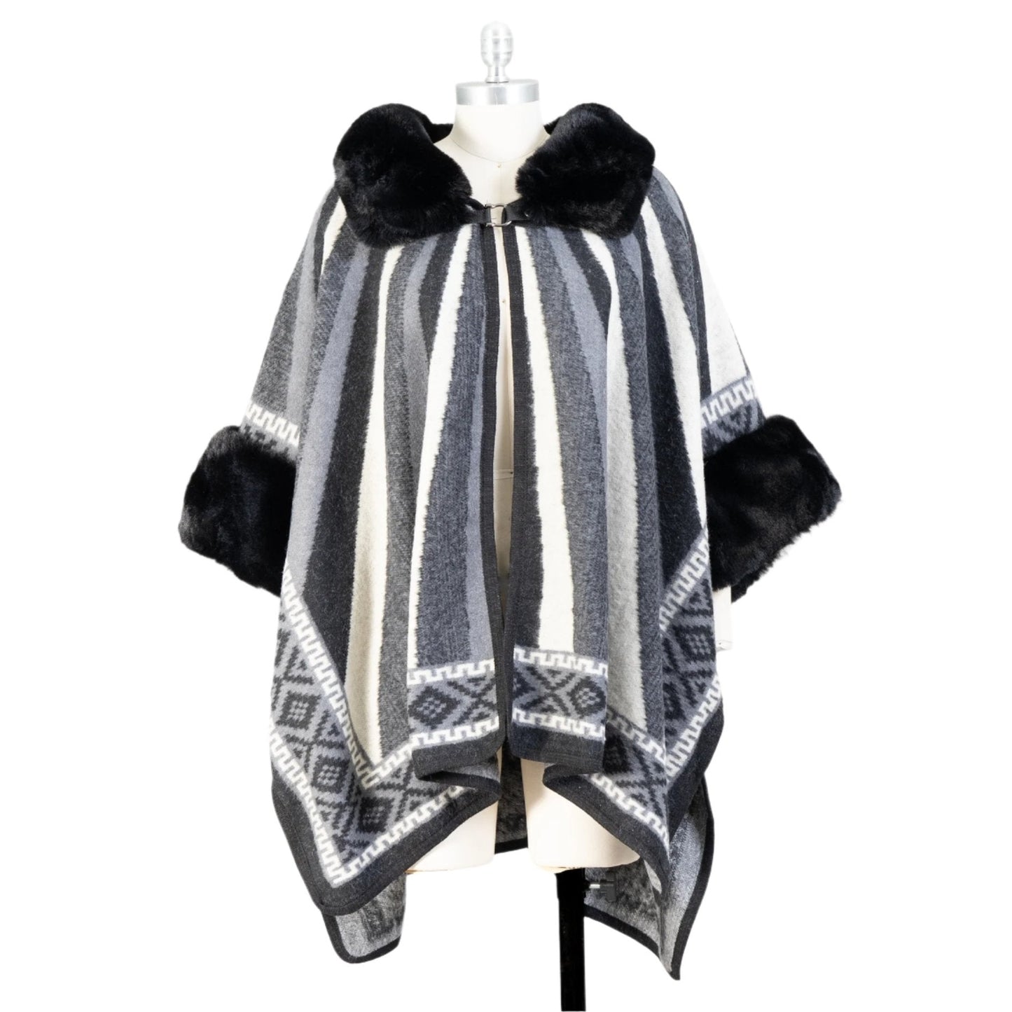 Faux Fur Stripe Trim Cape