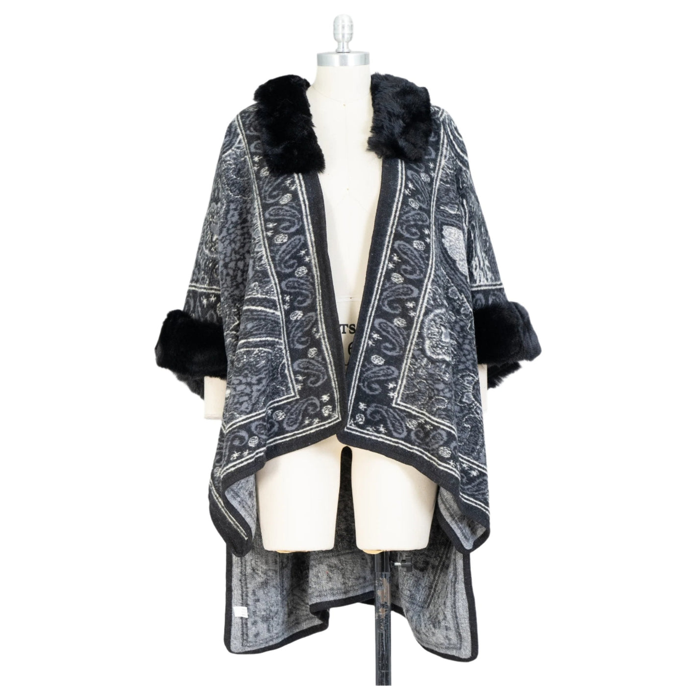 Print Faux Fur Trim Cape