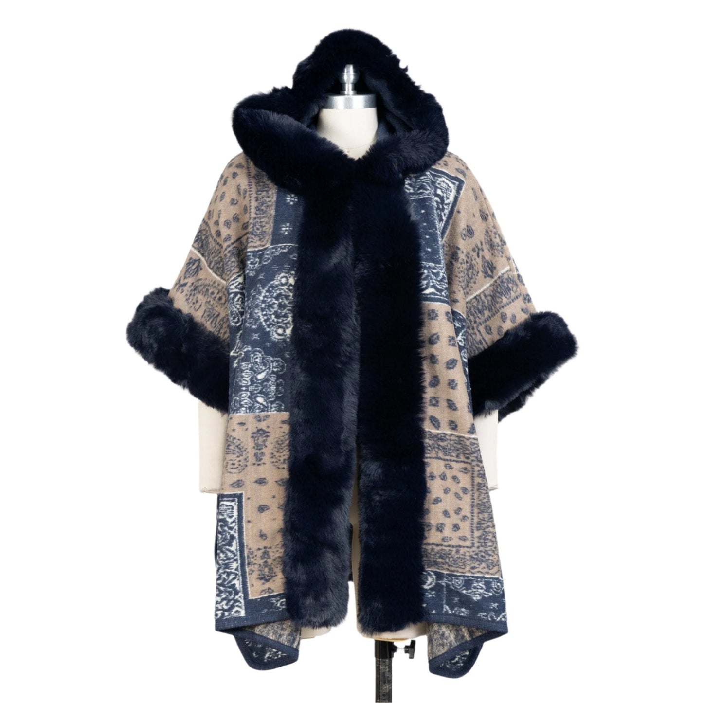 Hooded Print Faux Fur Trim Cape