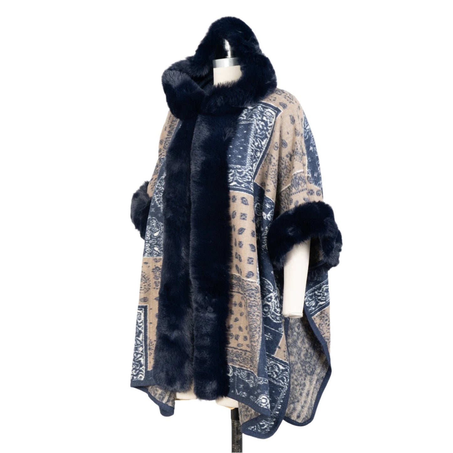 Hooded Print Faux Fur Trim Cape