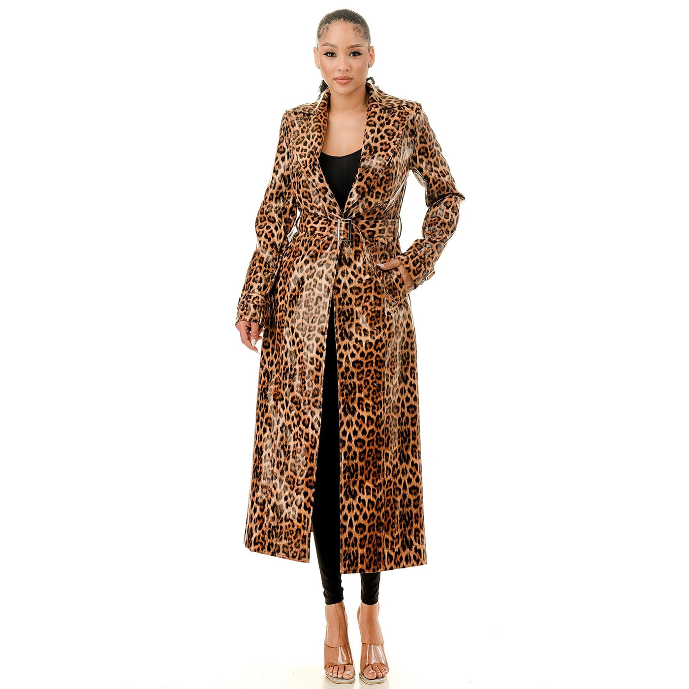 PU Collar Print Blazer Trench Coat Plus