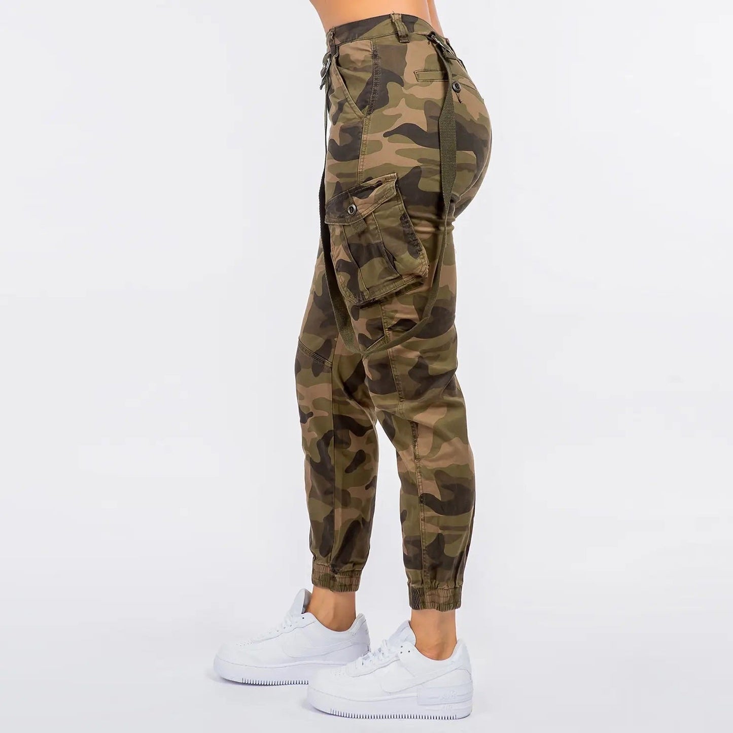 High Waist Cargo Joggers With Suspenders