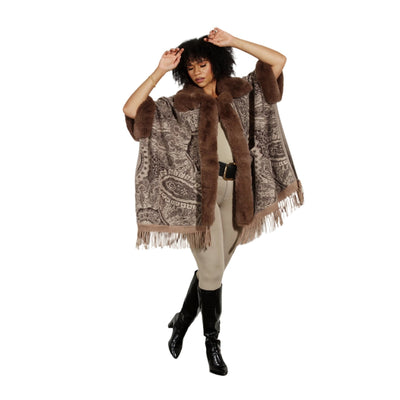 Faux Fur Fringe Print Cape