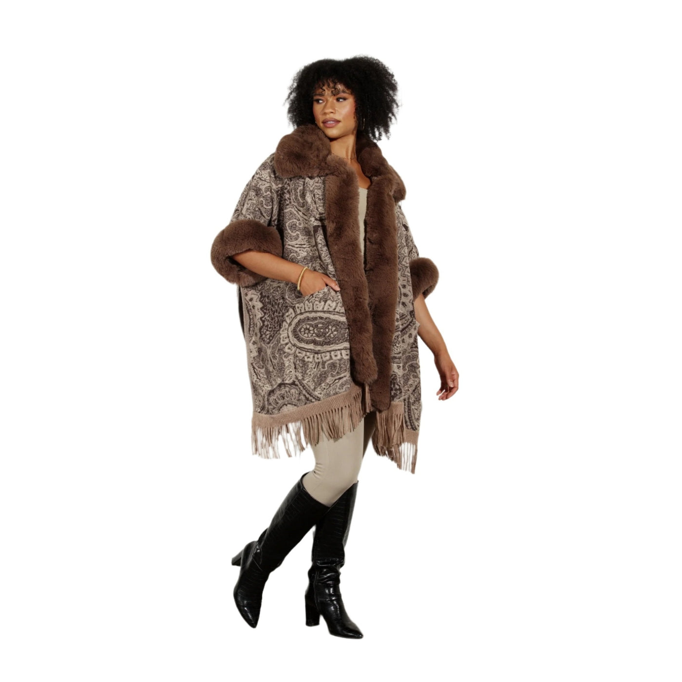 Faux Fur Fringe Print Cape