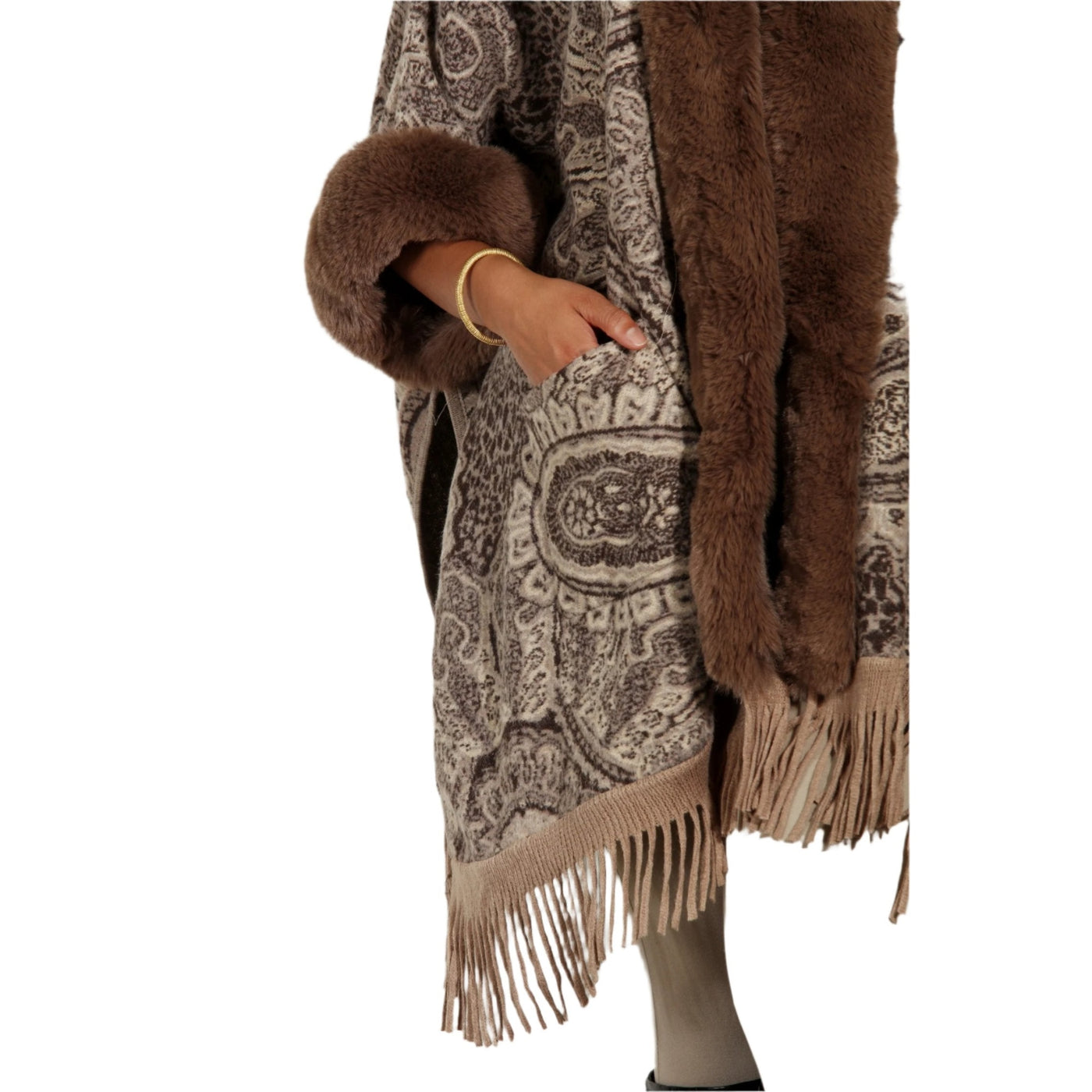 Faux Fur Fringe Print Cape