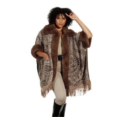 Faux Fur Fringe Print Cape