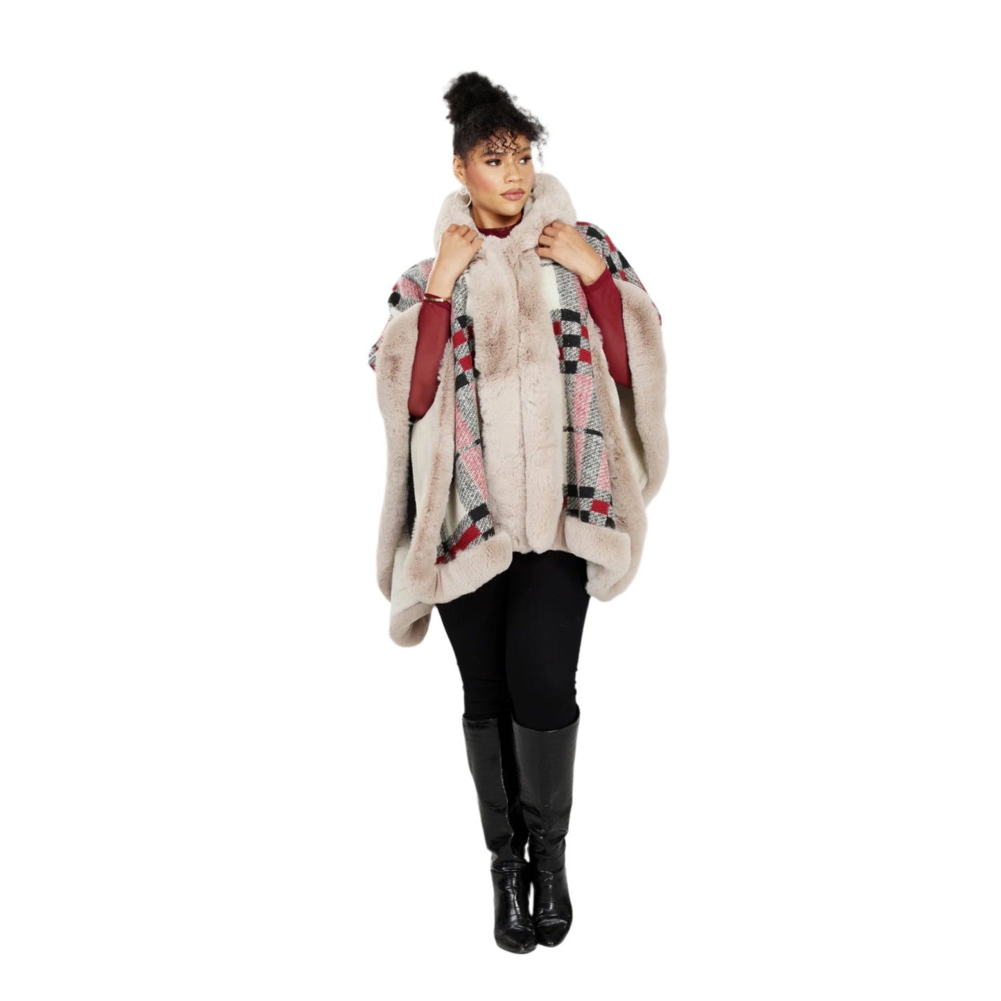 Hooded Faux Fur Print Cape