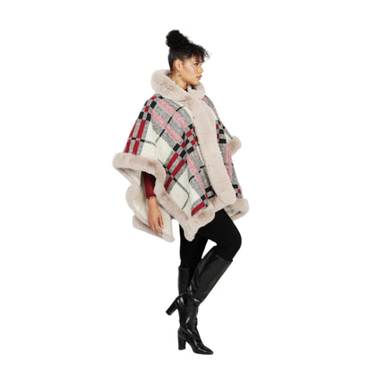 Hooded Faux Fur Print Cape