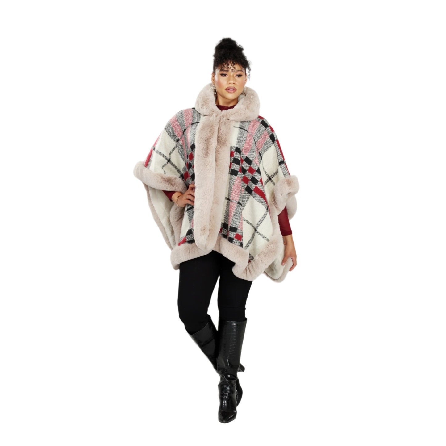 Hooded Faux Fur Print Cape