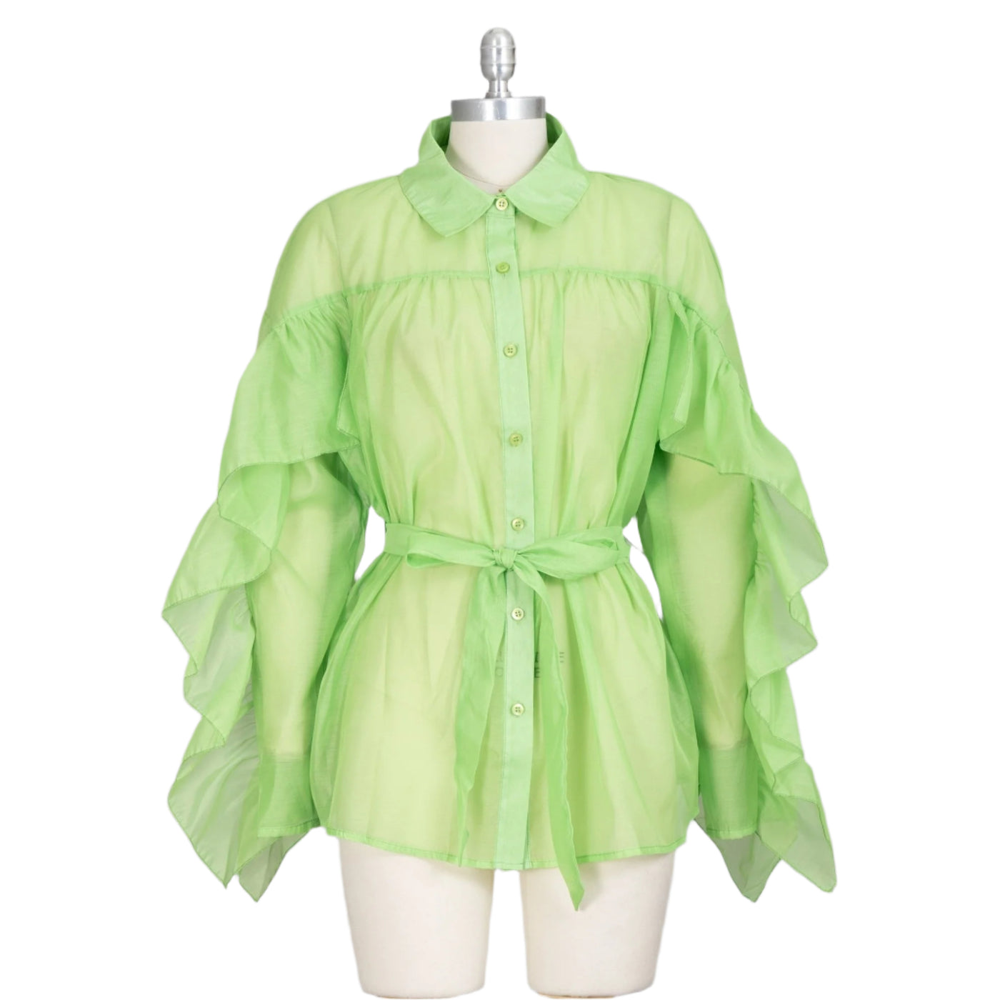 Sheer Ruffle Sleeve Belted PS Top