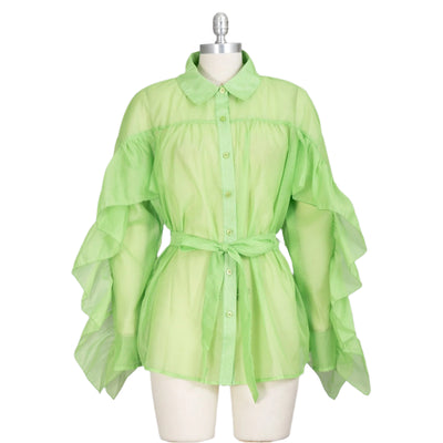 Sheer Ruffle Sleeve Belted PS Top