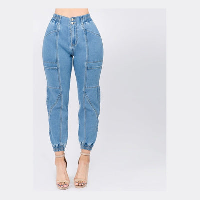 High Waist Banded Denim Joggers